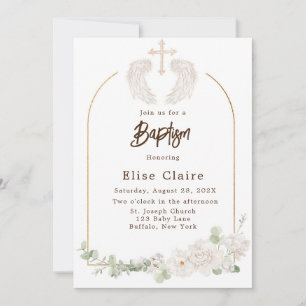 Invitación Alas de la Iglesia Dorada Bautismo Floral