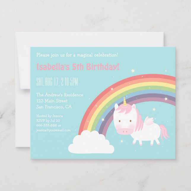 Invitación Alas de Mini Unicornio Lindo Cumpleaños Arcoíris (Anverso)