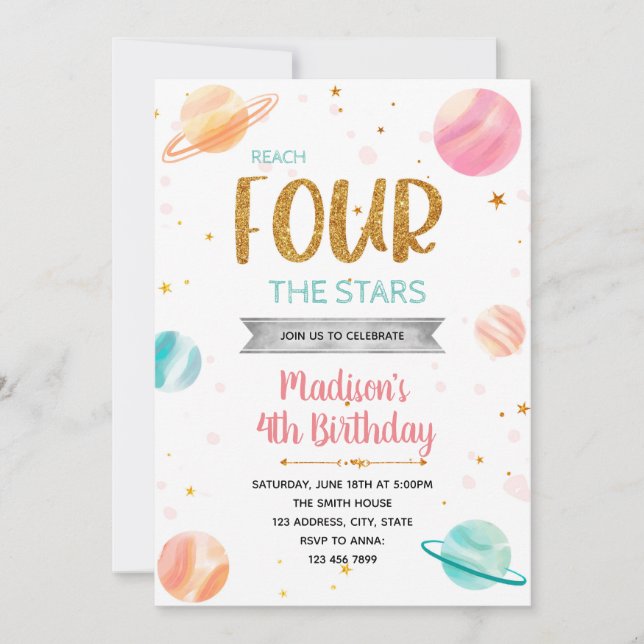 Invitación Alcanzar CUATRO el cumpleaños del espacio de la ga (Anverso)