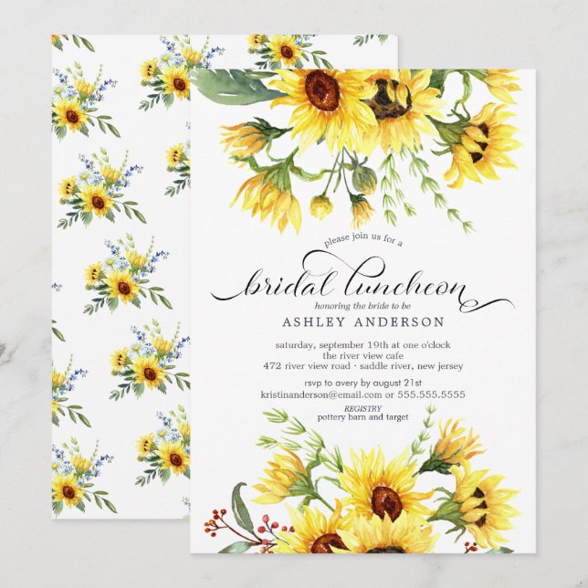 Invitación Alegre almuerzo de novia con girasol amarillo (Anverso / Reverso)