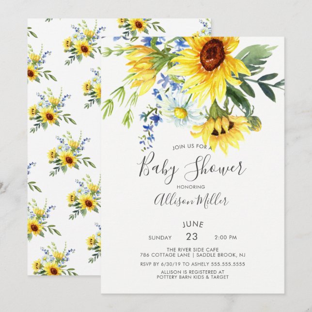 Invitación Alegre Baby Shower floral de girasol amarillo (Anverso / Reverso)