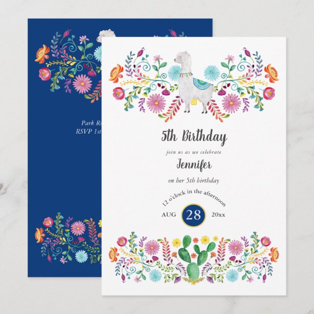 Invitación Alegre Chica de cumpleaños FIESTA LLAMA Flores pop (Anverso / Reverso)