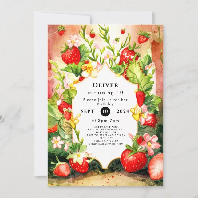 Invitación Alegre cumpleaños de fresa Boho con encanto (Anverso)