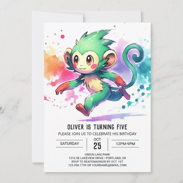 Invitación Alegre cumpleaños de monos bohemios (Anverso)