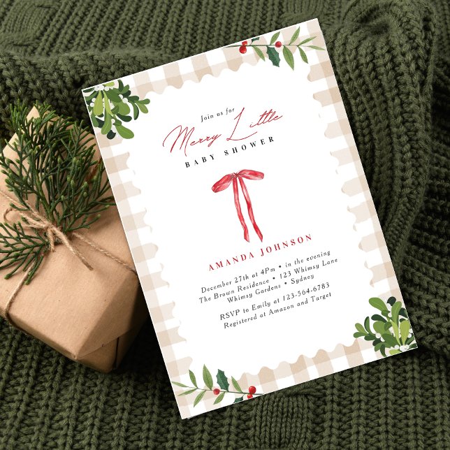 Invitación Alegre ducha de bebé de lazo rojo de gingham (Subido por el creador)