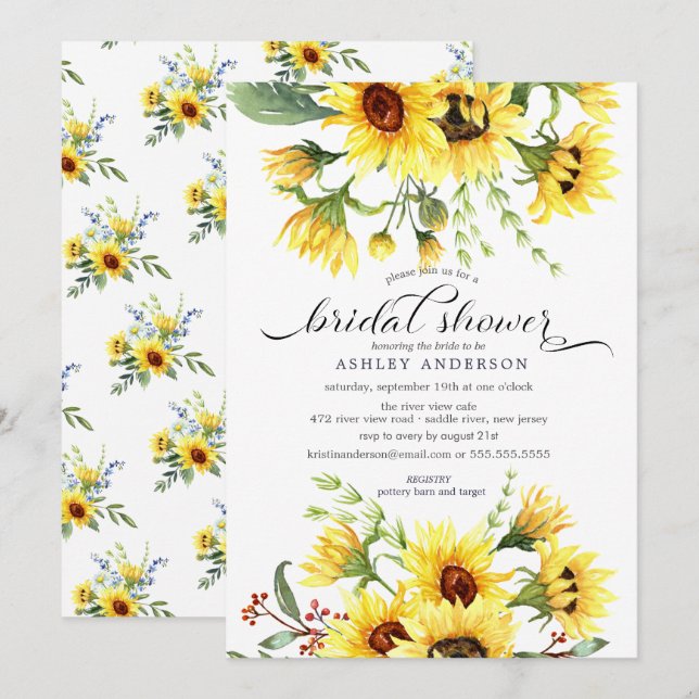 Invitación Alegre ducha de novia floral de girasol amarillo (Anverso / Reverso)