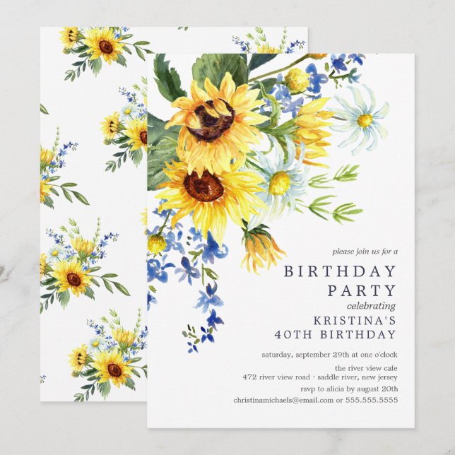 Invitación Alegre fiesta de cumpleaños de girasol amarillo (Anverso / Reverso)