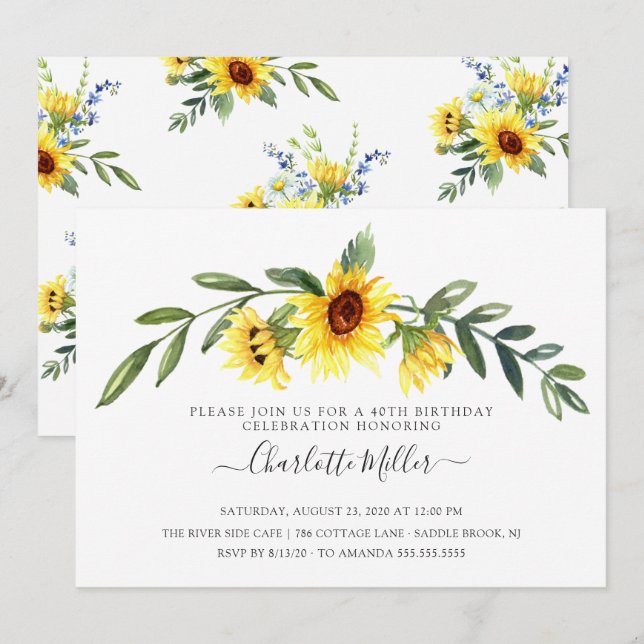 Invitación Alegre fiesta de cumpleaños de girasol amarillo (Anverso / Reverso)
