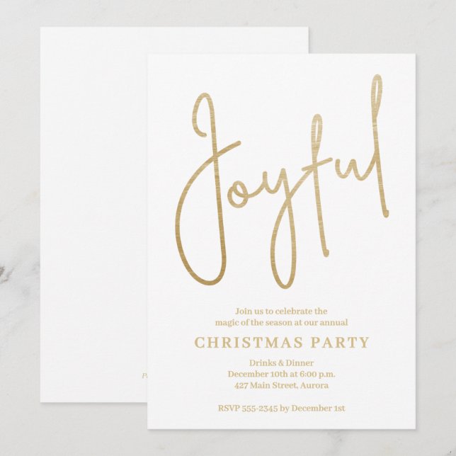 Invitación Alegre Fiesta de Navidad en Oro Falso sobre Blanco (Anverso / Reverso)