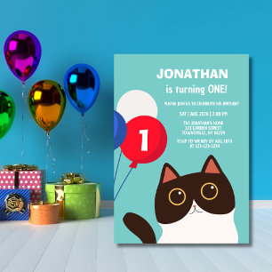 Invitación Alegre Fiesta Gato Balón Niños Cumpleaños