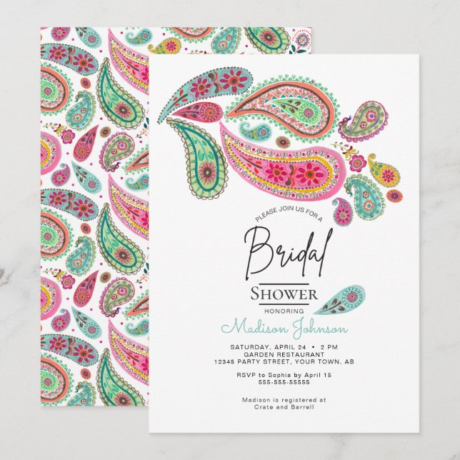 Invitación Alegre Paisley Pink & Turquoise Folk Floral (Anverso / Reverso)