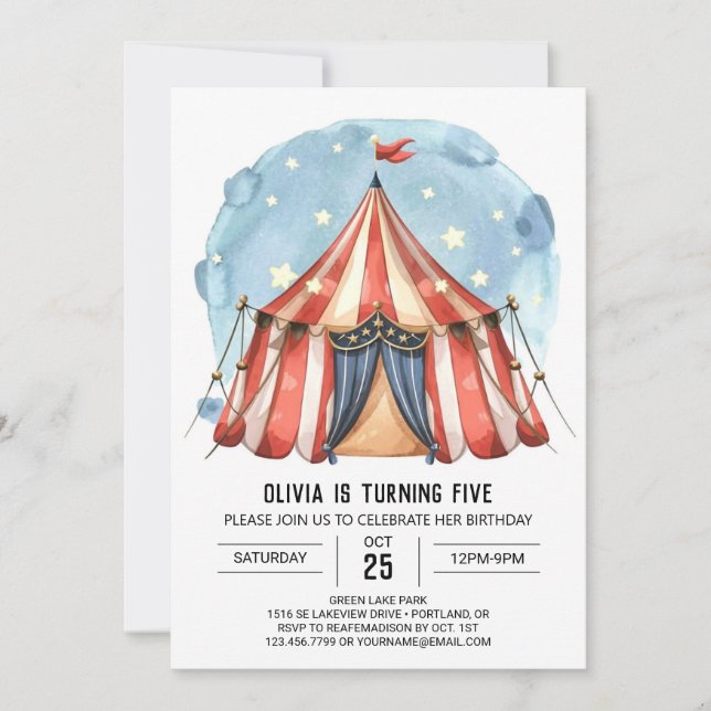 Invitación Alegre Personalizado acuarela Circo Cumpleaños (Anverso)