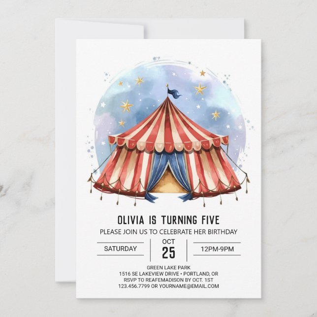 Invitación Alegre Personalizado acuarela Circo Cumpleaños (Anverso)