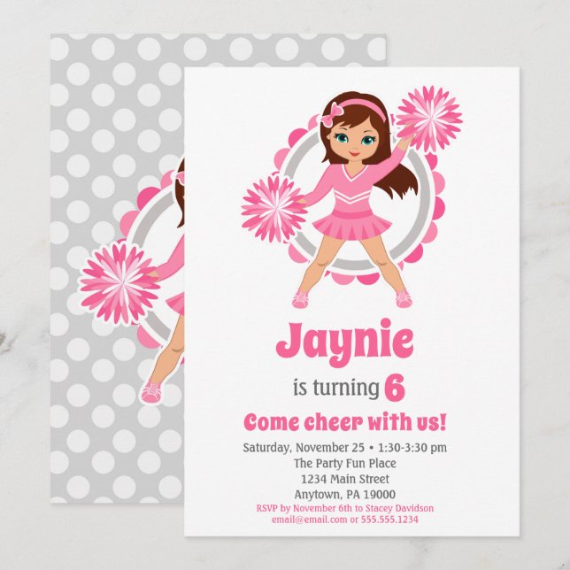 Invitación Alegre rosa - Chicas de Brunette saludan cumpleaño (Anverso / Reverso)