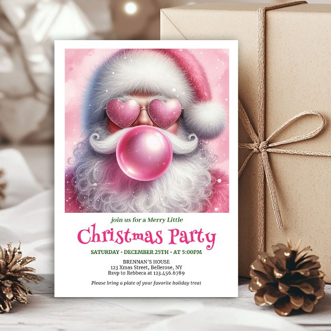 Invitación Alegre santa rosa burbuja de chicle acuarela navid (Jolly pink santa bubble gum watercolor holiday invite)