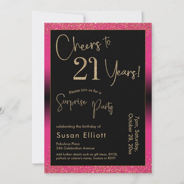 Invitación Alegres a 21 años sorpresiva fiesta de cumpleaños, (Anverso)