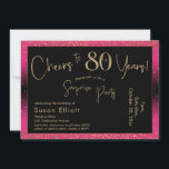 Invitación Alegres a 80 años sorpresivo cumpleaños, rosa prof<br><div class="desc">Utilizando dos tipos de letra distintivos, he creado gráficos para su invitación y los he embellecido con un efecto de oro falso metálico para una vibración festiva. Aunque cada parte se puede mover para adaptarla a sus necesidades, el encabezado dice "¡Saludos a 80 años!" y "Fiesta sorpresa". ("Sorpresa" se puede...</div>