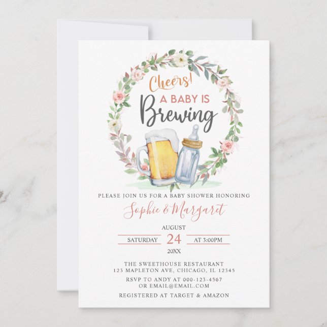 Invitación Alegres De Flores Rosa: Un Bebé Está Preparando Ba (Anverso)