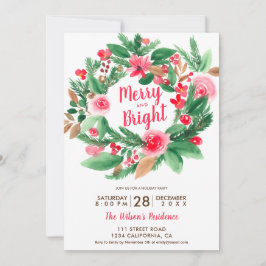Invitación alegres Navidades brillantes corona floral verde r