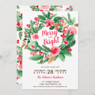 Invitación alegres Navidades brillantes corona floral verde r