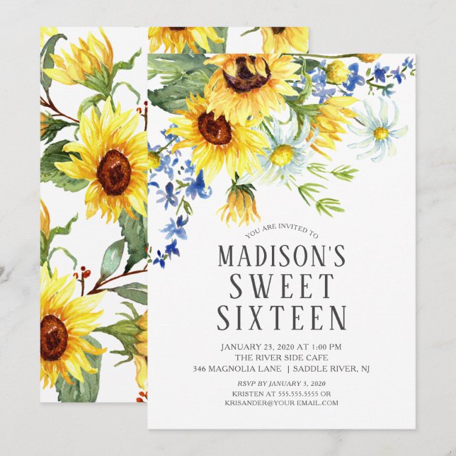 Invitación Alegres Sunflowers Dulces Dieciséis Fiestas de Cum (Anverso / Reverso)