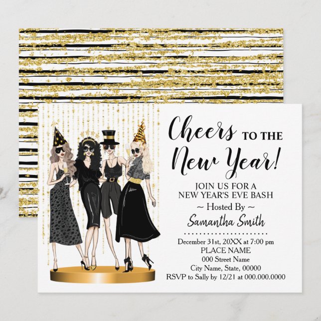 Invitación Alegría a los Chicas Purpurinas de Año Nuevo (Anverso / Reverso)
