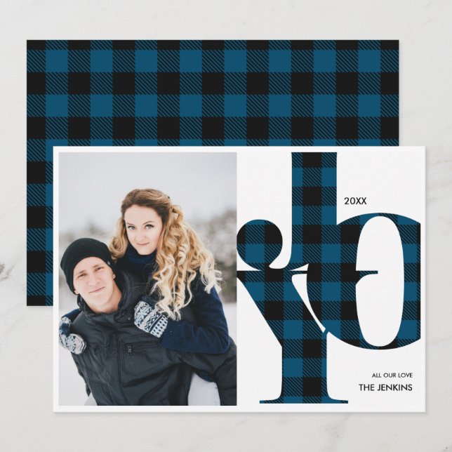 Invitación Alegría | Blue Buffalo Plaid Photo Holiday (Anverso / Reverso)