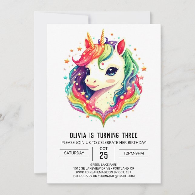Invitación Alegría de cumpleaños de Unicornio (Anverso)