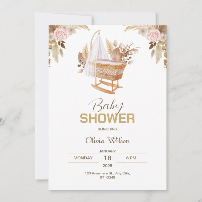 Invitación Alegría floreciente: Baby Shower acuarela floral (Anverso)