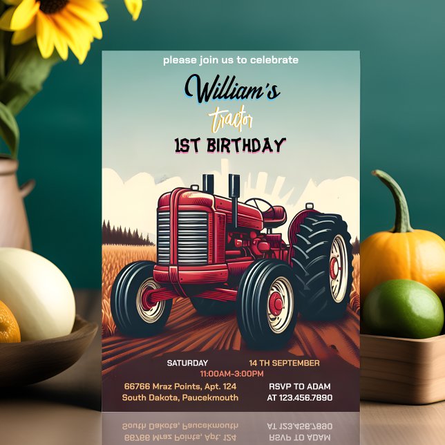 Invitación Alegría niños retro niño genial tractor primer cum (Subido por el creador)