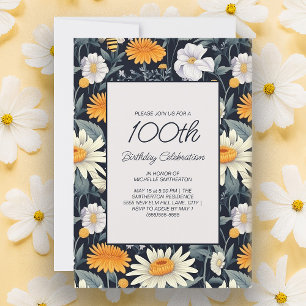 Invitación Alelgas Margaritas Azul Marino Cumpleaños 100 Adul