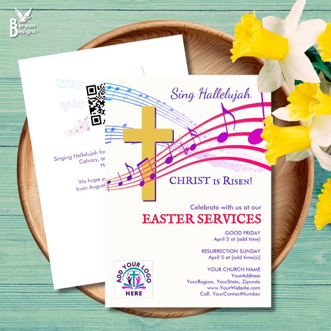 Invitación ALELUYA CRISTO HA RESUCITADO QR Logo Iglesia Pascu (Modern SING HALLELUJAH CHRIST IS RISEN Easter Church invitation with custom logo and QR code.)