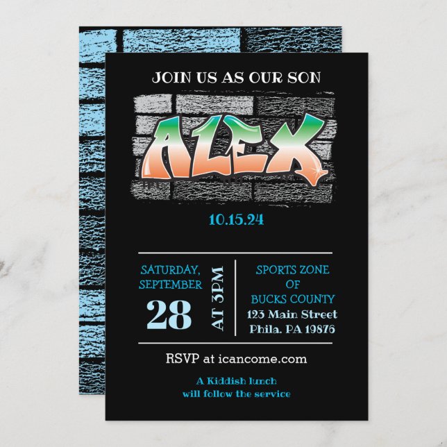Invitación ALEX Su Nombre Graffiti Brick Wall Paint Splatt (Anverso / Reverso)