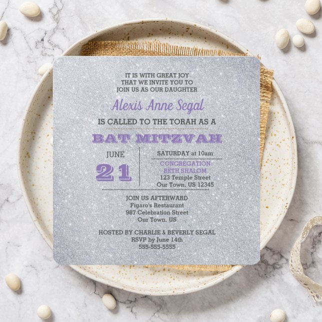 Invitación Alexandrite y Bat Mitzvah, Purpurina de Plata (Subido por el creador)