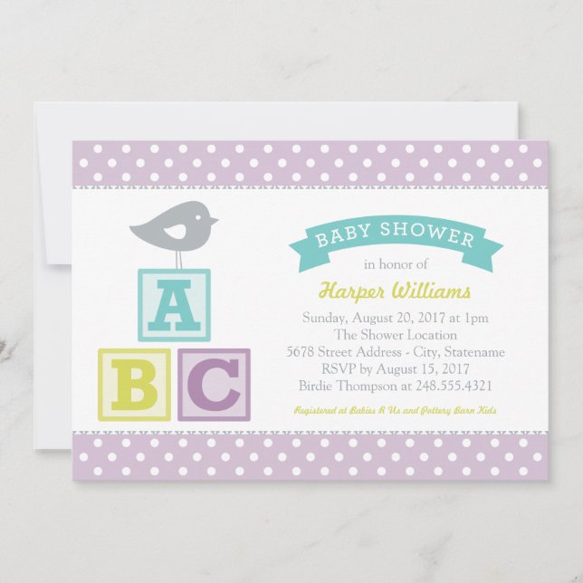 Invitación Alfabeto ABC bloquea Baby Shower morado Lavender (Anverso)