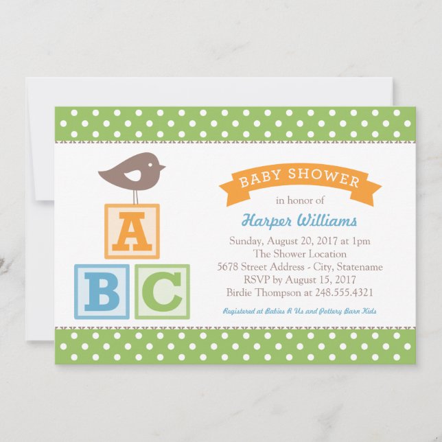 Invitación Alfabeto ABC bloquea Baby Shower verde (Anverso)