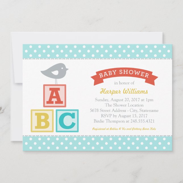 Invitación Alfabeto ABC bloquea la Baby Shower azul Aqua (Anverso)