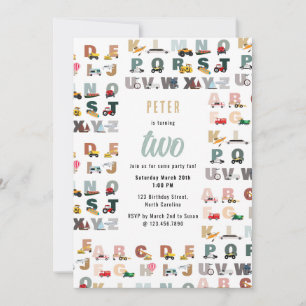 Invitación Alfabeto ABC Camiones, Vehículos Niños Cumpleaños