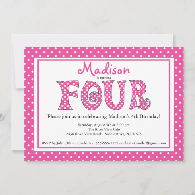 Invitación Alfabeto Polka Dot 4ª fiesta de cumpleaños (Anverso)