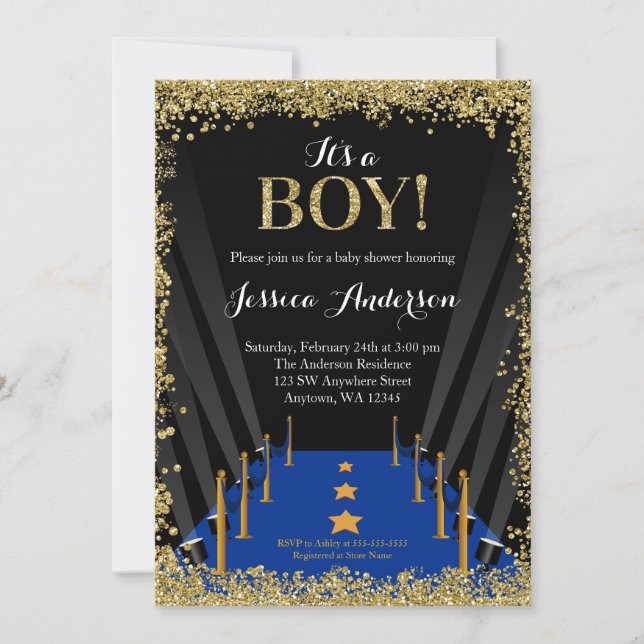 Invitación Alfombra azul Hollywood Faux Purpurina Boy Baby Sh (Anverso)
