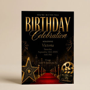 Invitación Alfombra Roja Cumpleaños de Hollywood Negro y Dora