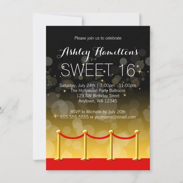 Invitación Alfombra roja de oro moderna Hollywood Sweet 16 (Anverso)