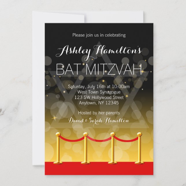 Invitación Alfombra roja dorada moderna Bat Mitzvah (Anverso)