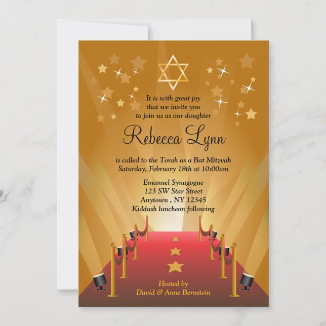 Invitación Alfombra roja Estrella de Hollywood Bat Mitzvah (Anverso)