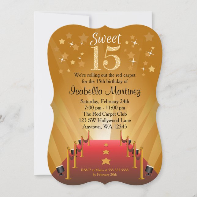 Invitación Alfombra roja Estrella de Hollywood Dulce 15 cumpl (Anverso)
