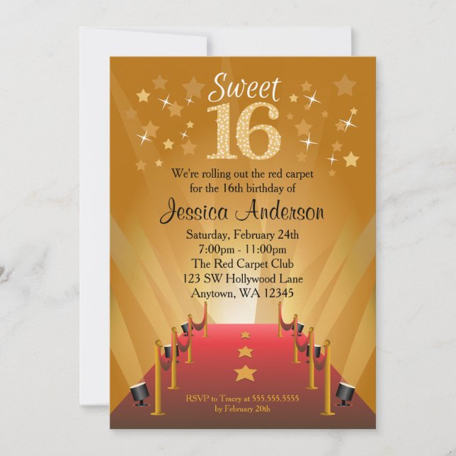 Invitación Alfombra roja Estrella de Hollywood Dulce 16 cumpl (Anverso)