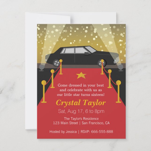 Invitación Alfombra roja, fiesta temática de Hollywood, cumpl (Anverso)