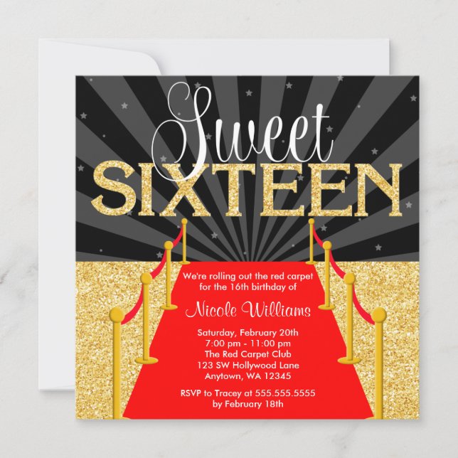 Invitación Alfombra Roja Glam Hollywood Dulce de Oro 16 Cumpl (Anverso)