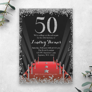 Invitación Alfombra Roja Hollywood Brillo Plateado Cumpleaños