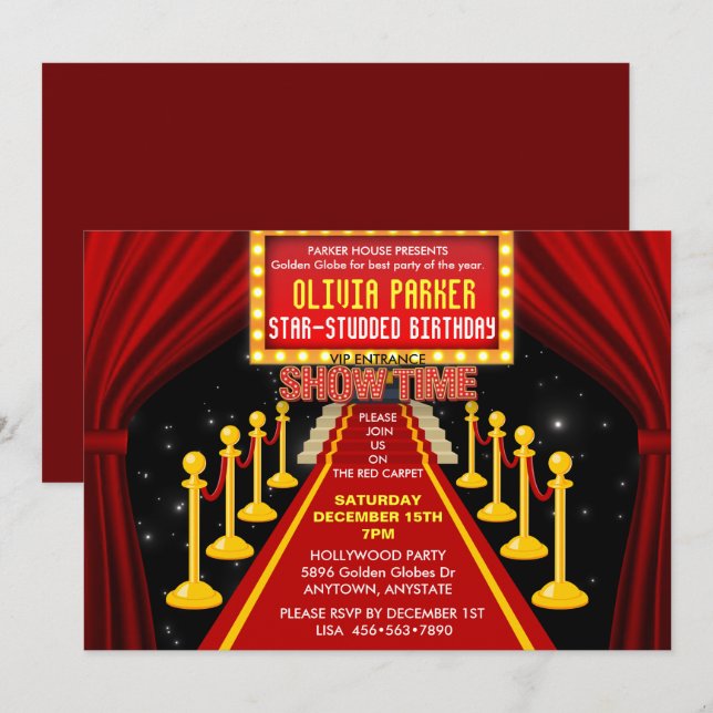 Invitación Alfombra roja | Hollywood | Celebración del cumple (Anverso / Reverso)